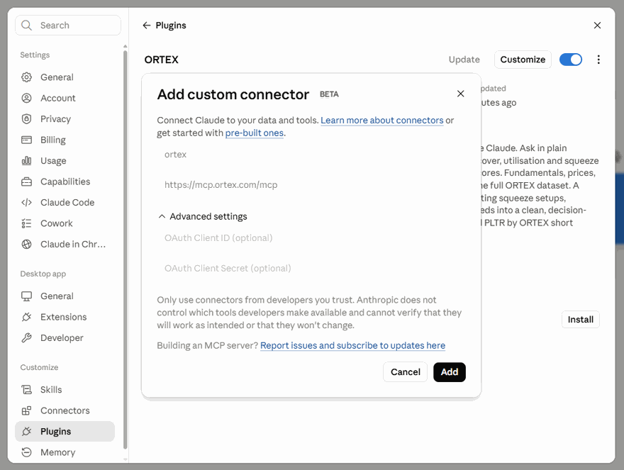 Add custom connector, name and URL prefilled