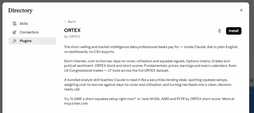 ORTEX plugin page with the Install button